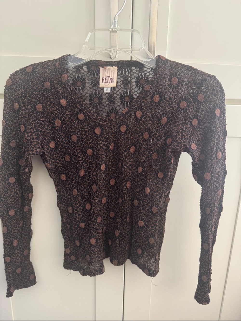 90s Rag Retro Brown Textured Polka Dot Long Sleeve Top